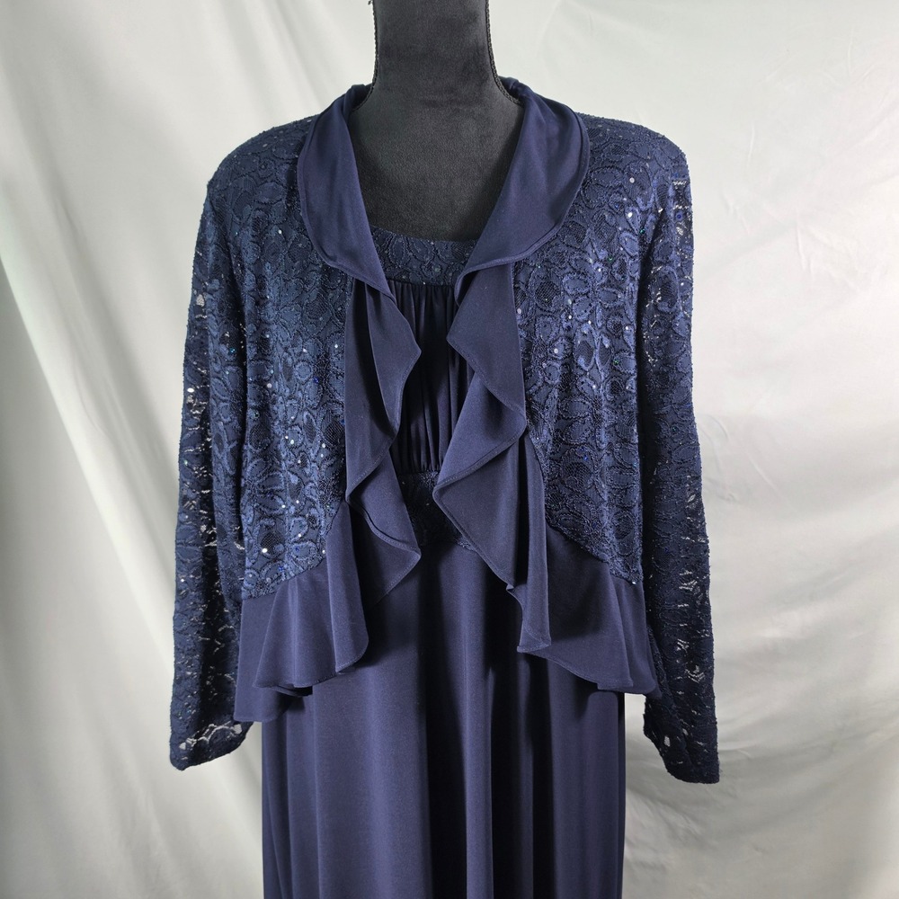 Kathy Roberts Navy Blue Sequined Lace Dress and Jacket Set Formal 1893W